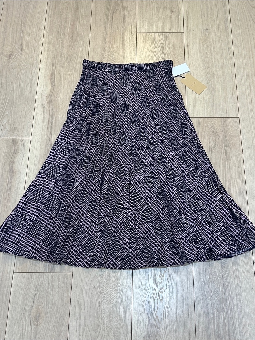 New Halogen Pleated Black & Lilac Pink Geometric Houndstooth Midi Skirt